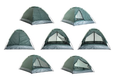 Image of Dark green camping tents on white background, collage 