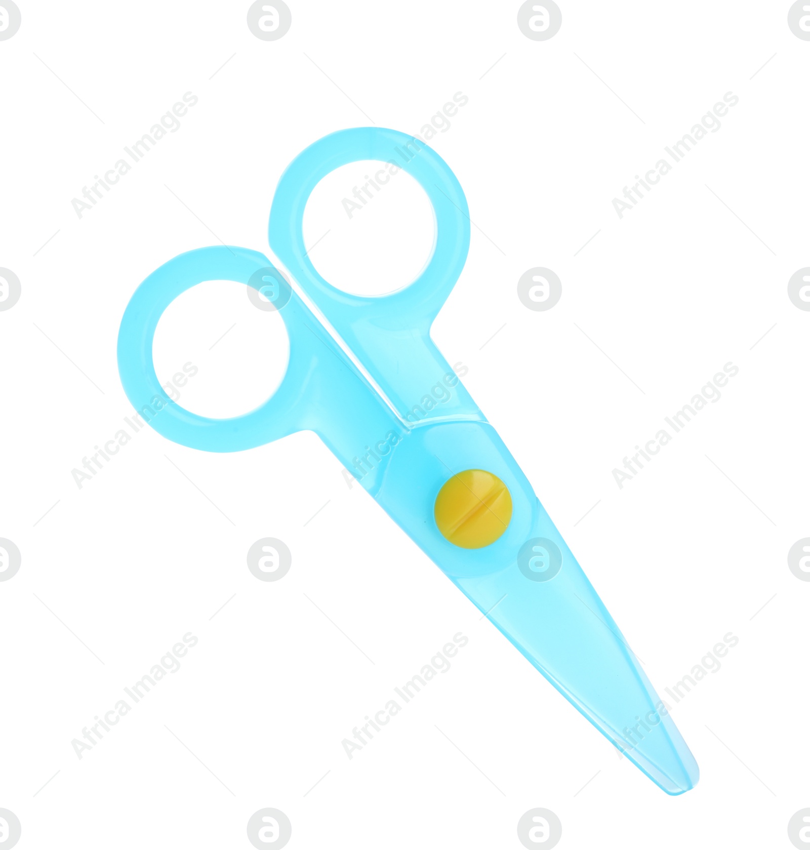 Photo of Colorful plastic scissors on white background. School stationery