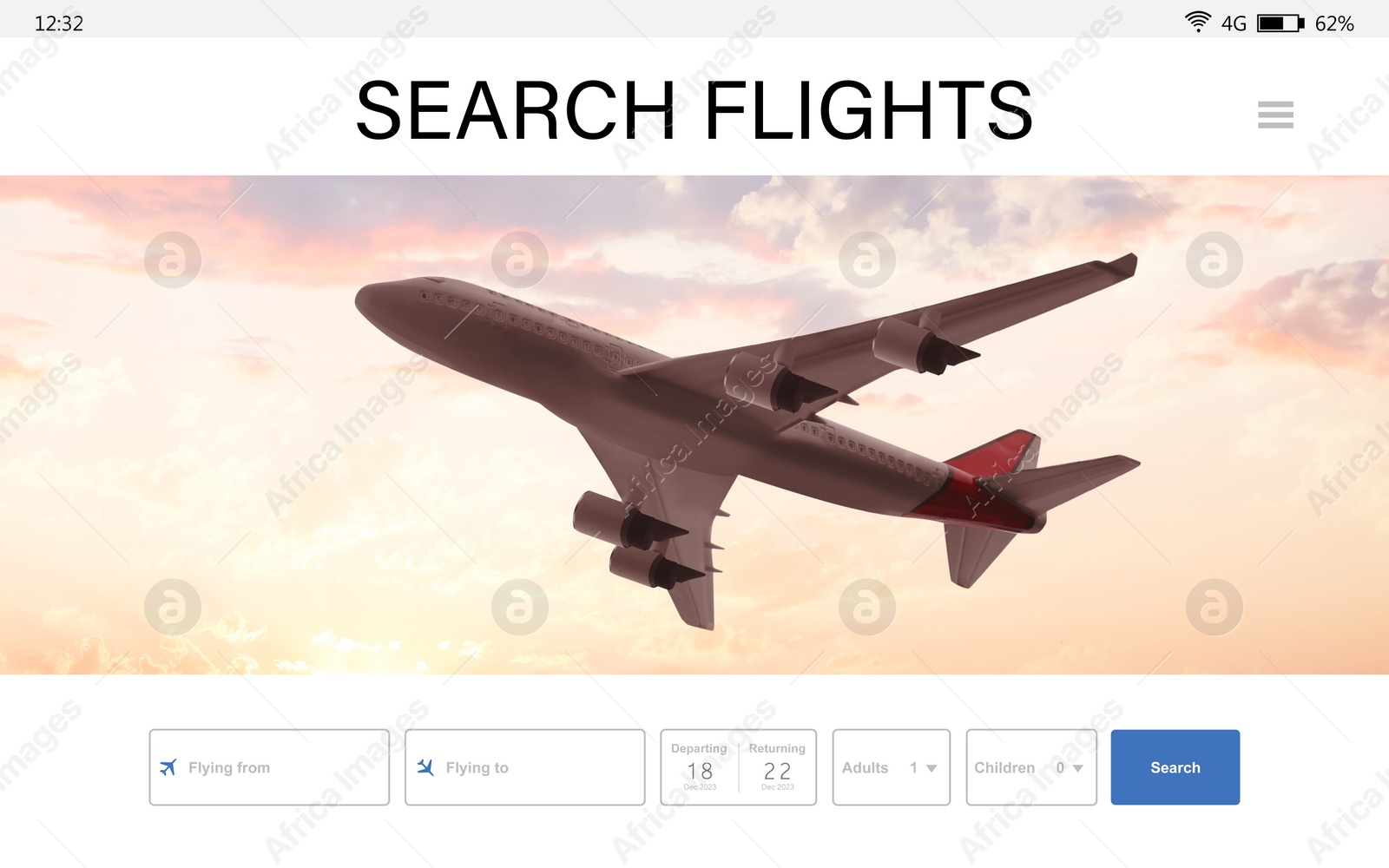 Image of Online flight booking website interface with information