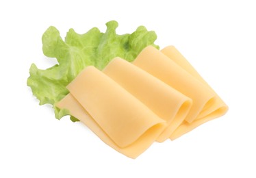 Photo of Slices of tasty fresh cheese and lettuce isolated on white