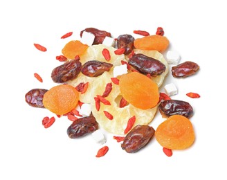 Photo of Pile of different tasty dried fruits on white background, top view