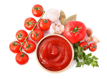 Photo of Composition with tomato sauce on white background, top view