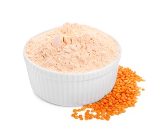 Photo of Bowl with lentil flour and grains on white background