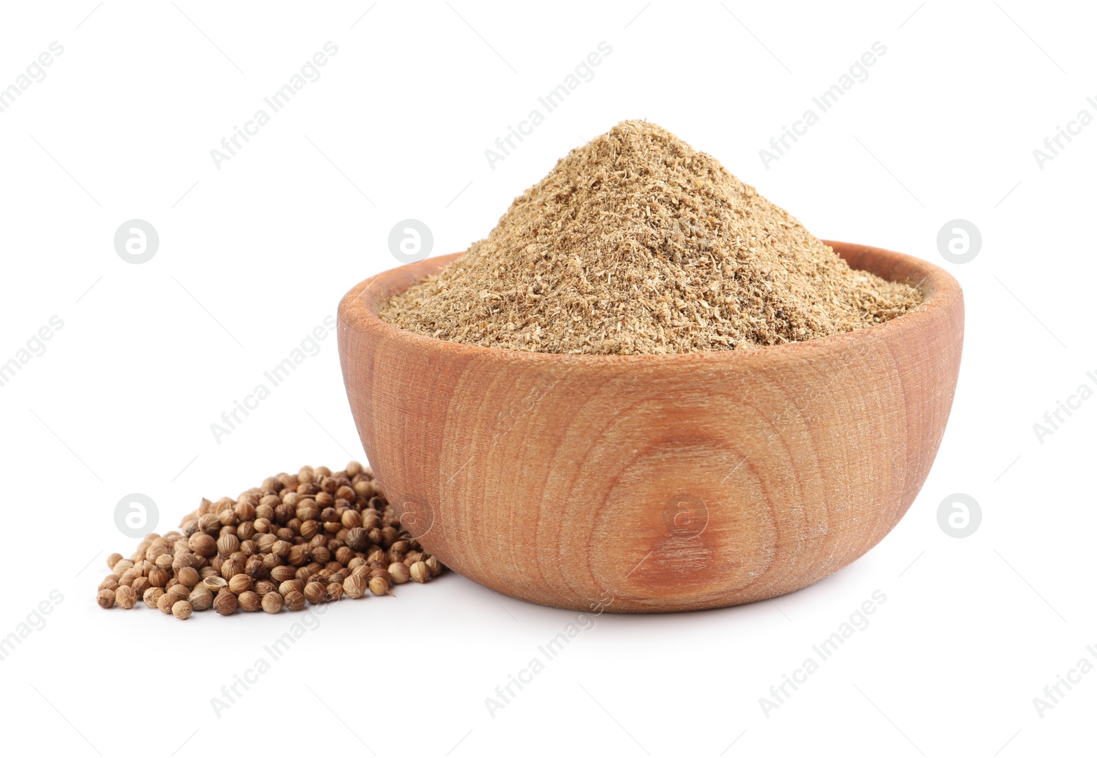 Photo of Wooden bowl with powdered coriander and corns on white background