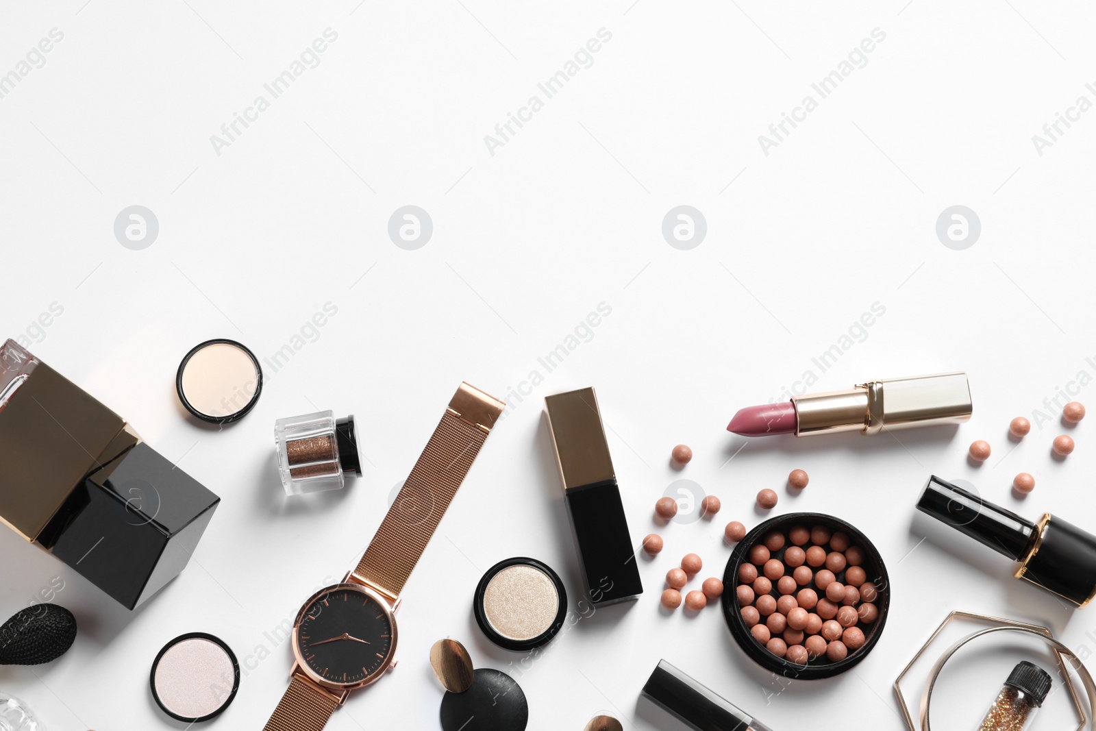 Photo of Set of luxury makeup products on white background, flat lay