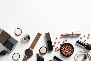 Photo of Set of luxury makeup products on white background, flat lay