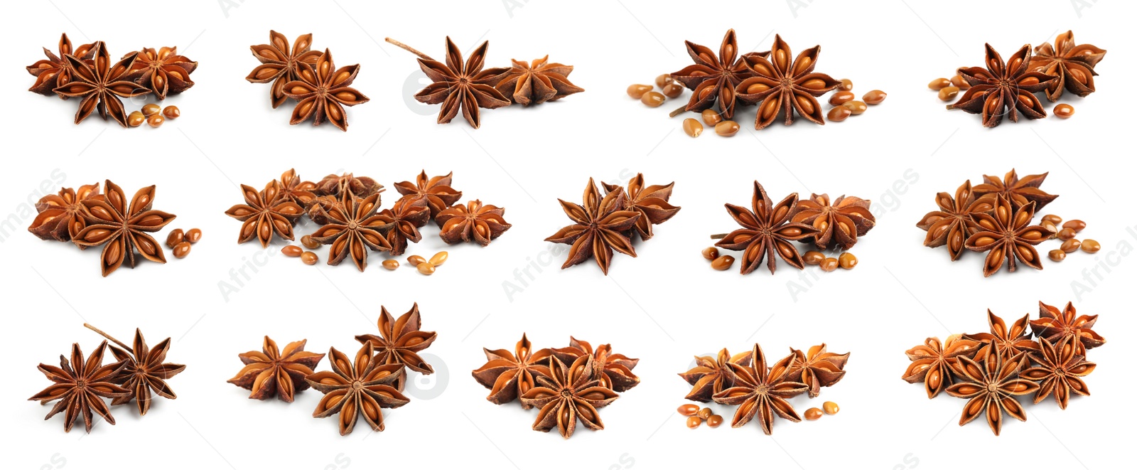 Image of Set with dry anise anise stars on white background. Banner design