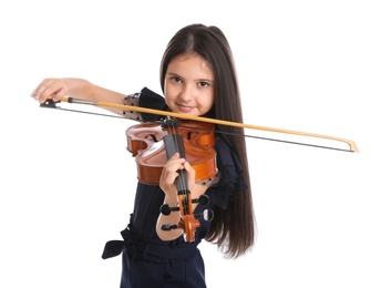 Photo of Preteen girl playing violin on white background