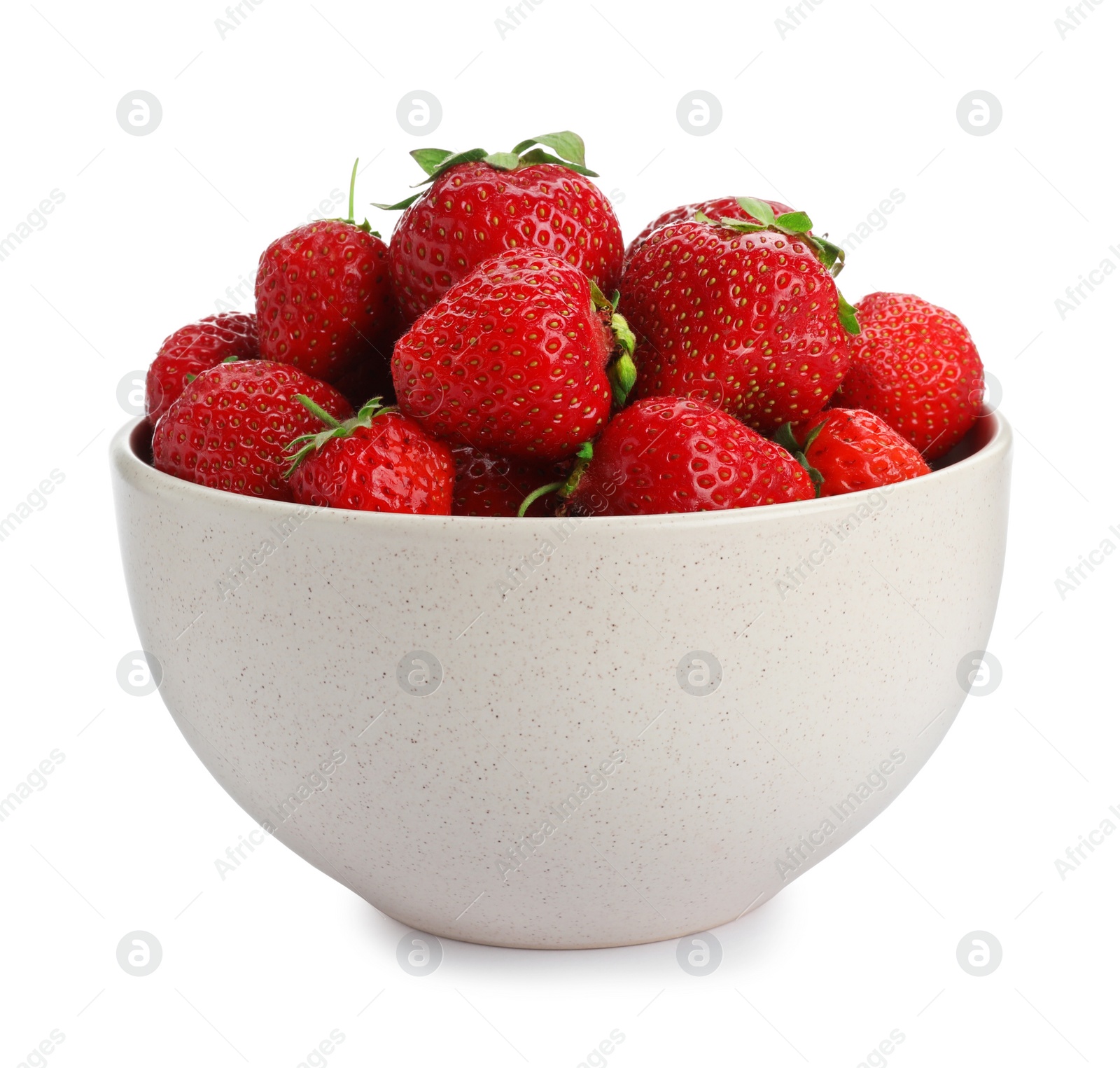Photo of Ripe strawberries in bowl isolated on white