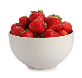 Ripe strawberries in bowl isolated on white