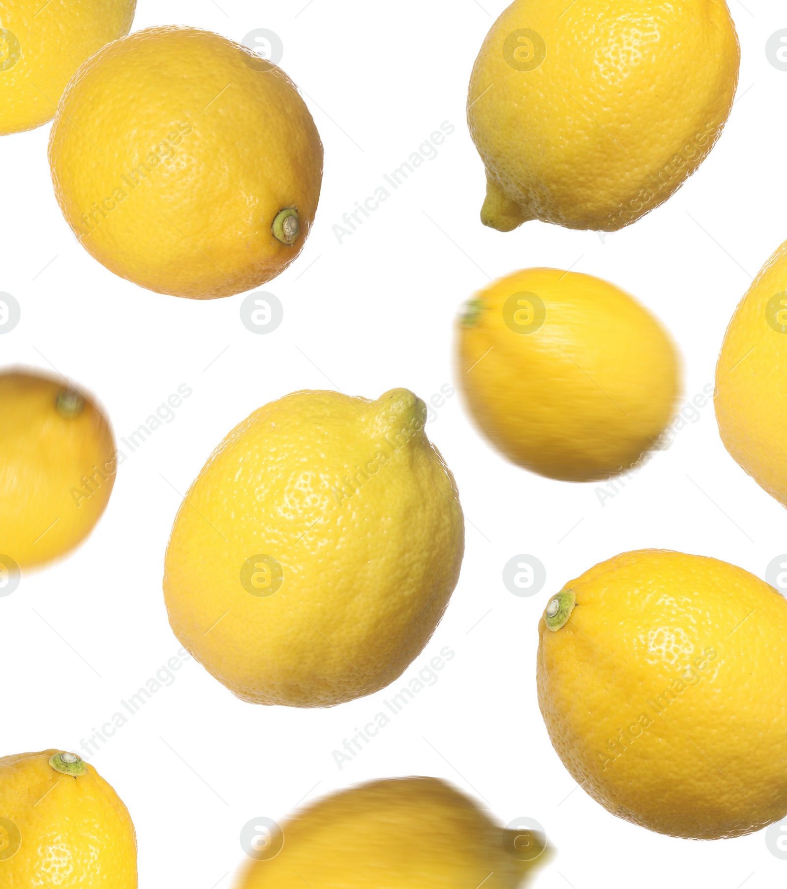 Image of Fresh ripe lemons falling on white background