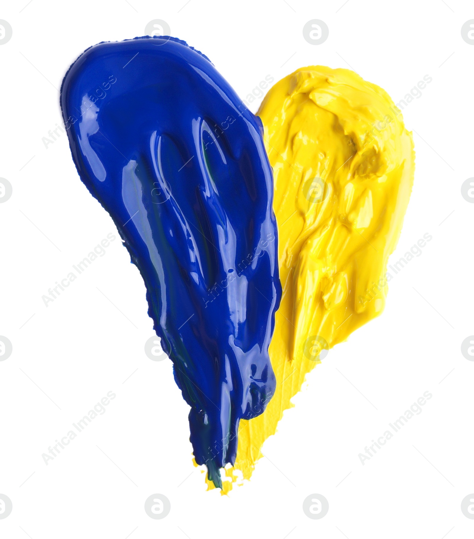 Photo of Heart of yellow and blue paint strokes on white background, top view