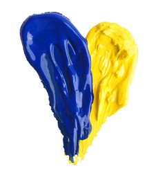 Photo of Heart of yellow and blue paint strokes on white background, top view