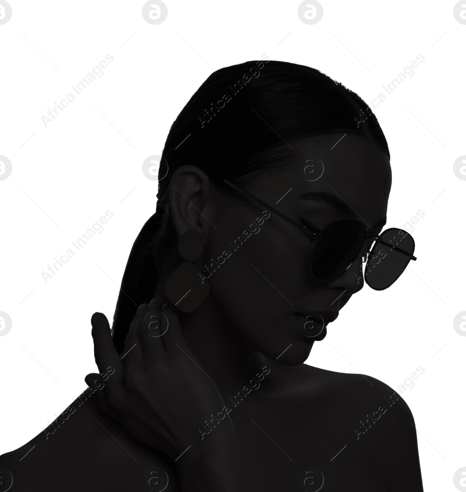 Image of Silhouette of woman with sunglasses isolated on white