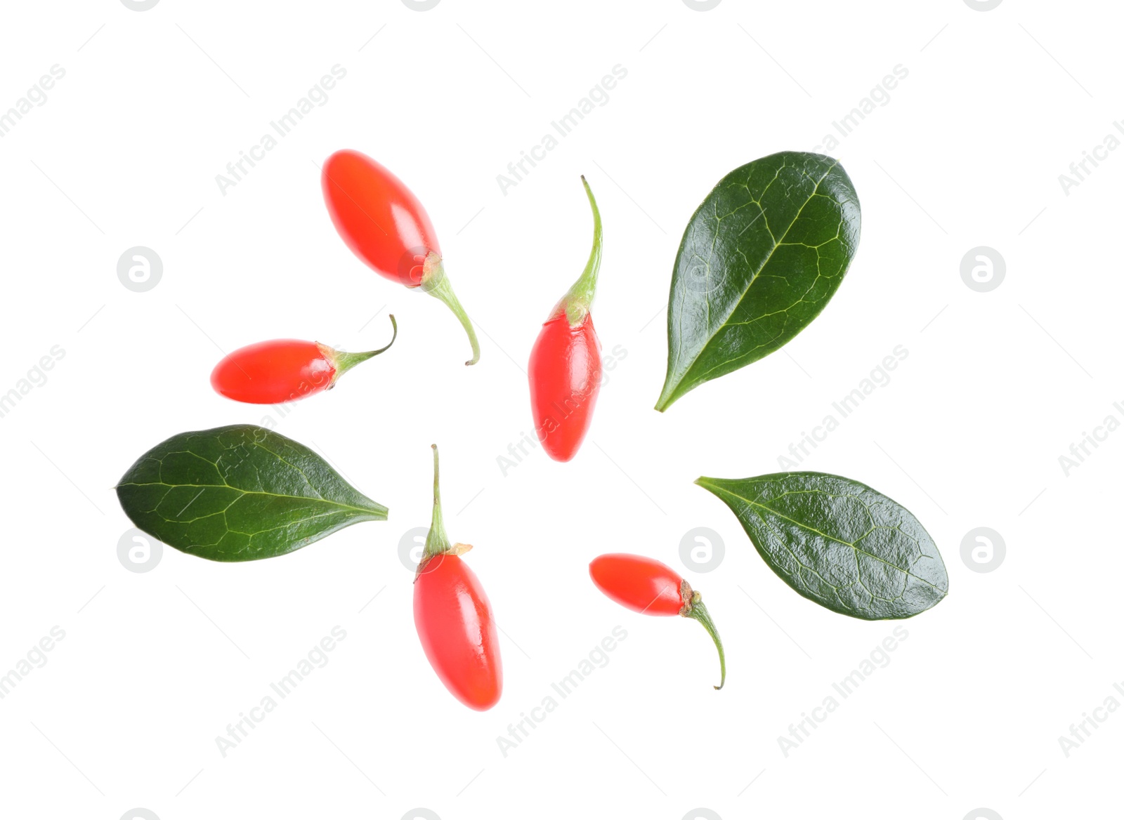 Photo of Fresh ripe goji berries and leaves on white background, top view