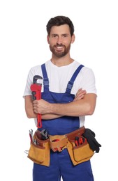 Photo of Professional plumber with pipe wrench and tool belt on white background