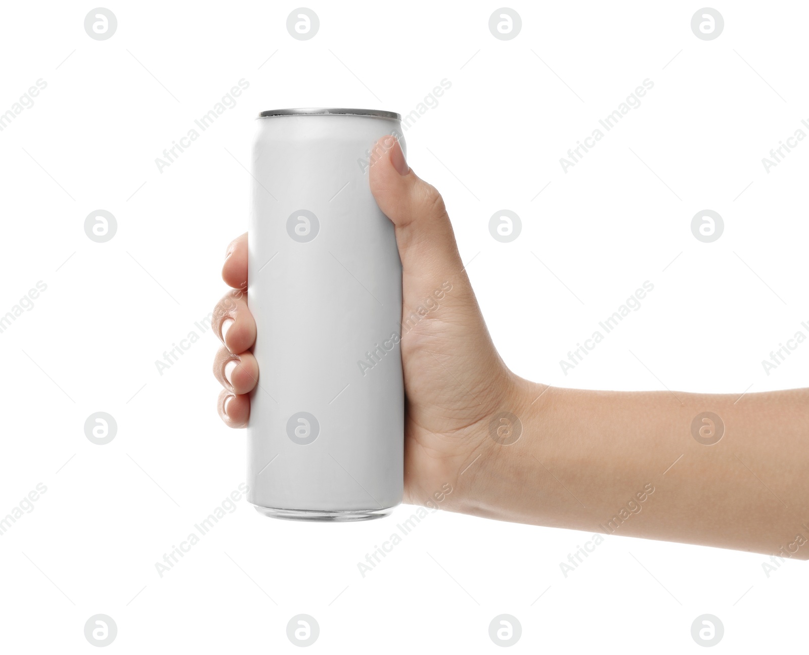 Photo of Woman holding aluminum can with beverage on white background, closeup. Mockup for design