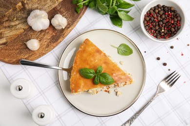 Delicious meat pie served on table, flat lay