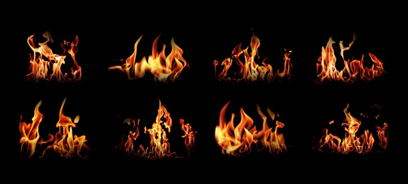 Image of Collection of bright fire flames on black background. Banner design