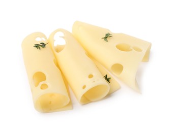 Photo of Slices of tasty fresh cheese and thyme isolated on white