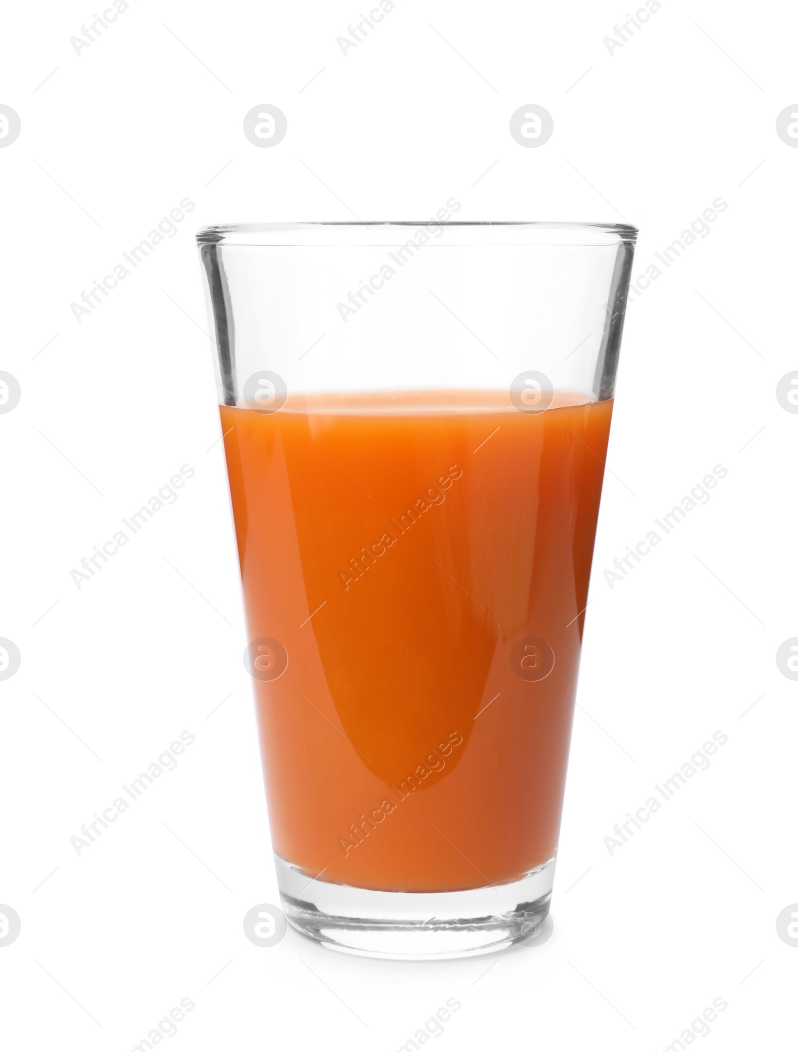 Photo of Glass of fresh carrot juice on white background