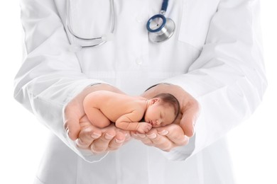 Surrogacy concept. Doctor holding adorable newborn baby on white background, closeup