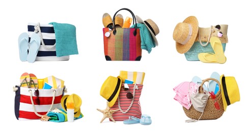 Set with different stylish bags and beach accessories on white background. Banner design