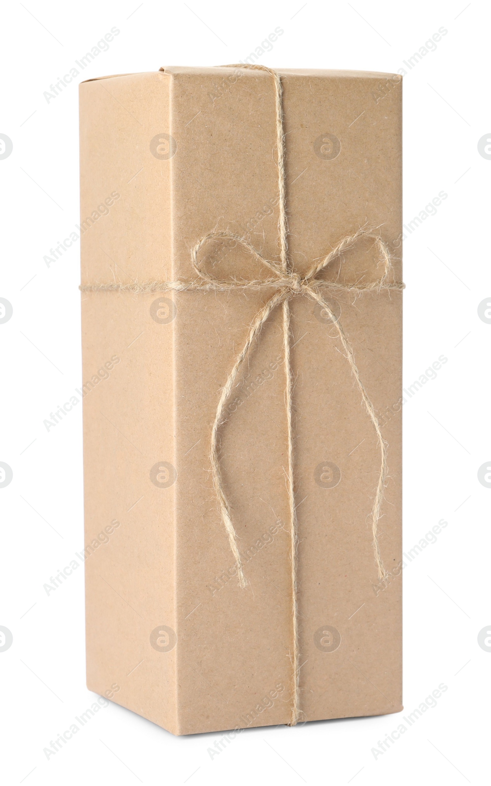 Photo of Parcel wrapped with kraft paper and twine isolated on white