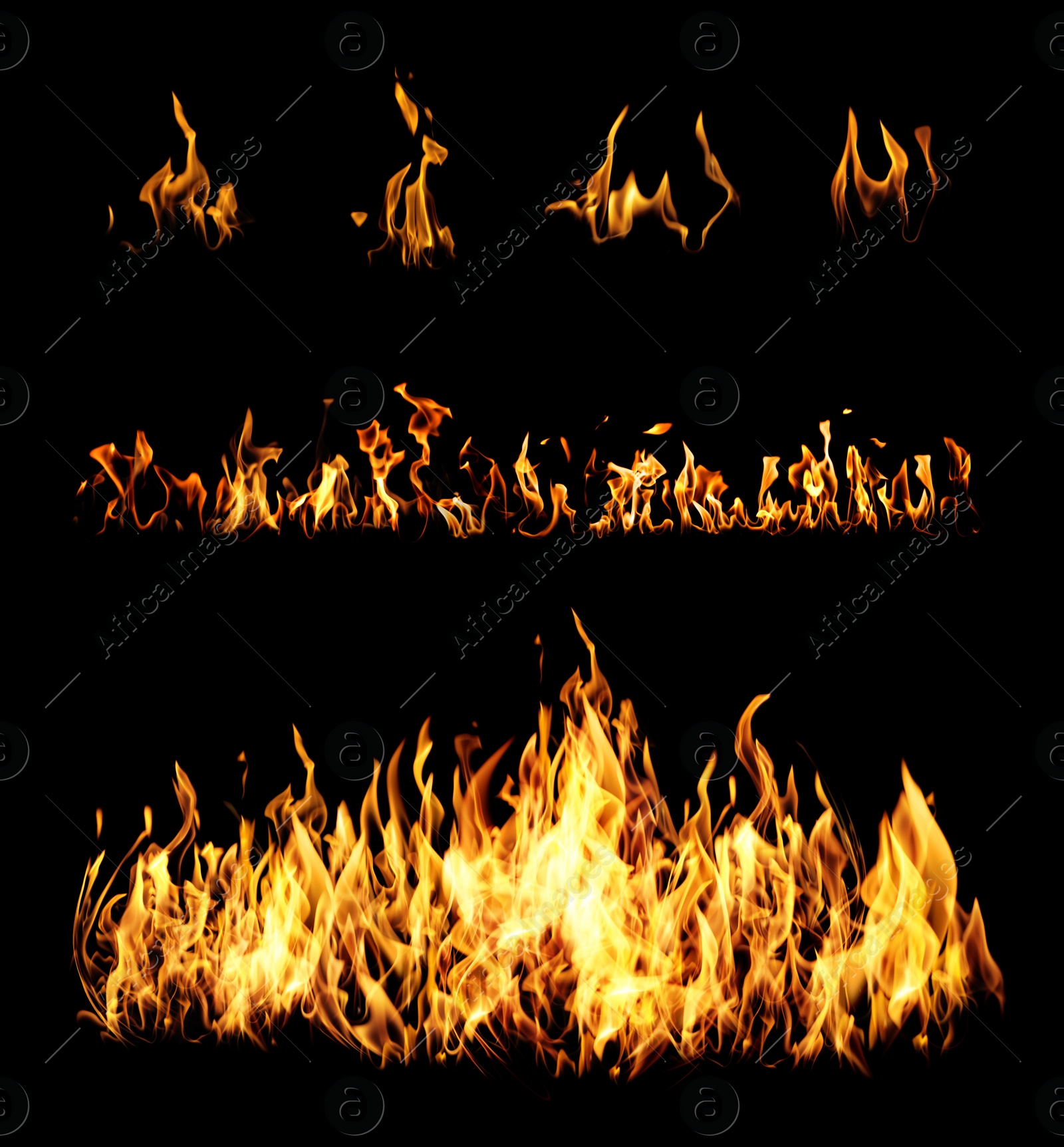 Image of Collection of bright fire flames on black background