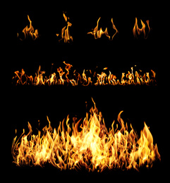 Image of Collection of bright fire flames on black background