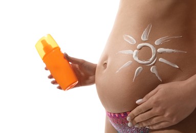 Photo of Pregnant woman with sun protection cream on white background, closeup