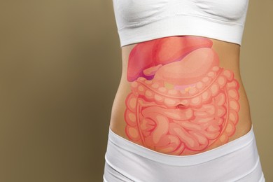 Image of Closeup view of woman with illustration of abdominal organs on her belly against beige background. Space for text