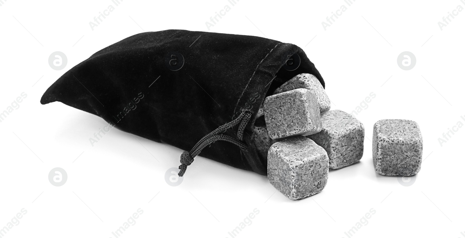Photo of Bag with whiskey stones on white background