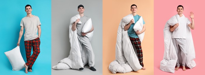 Man in pajamas with pillow and blanket on different color backgrounds, collage of photos