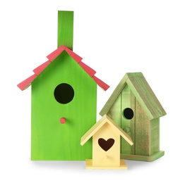 Three different bird houses on white background