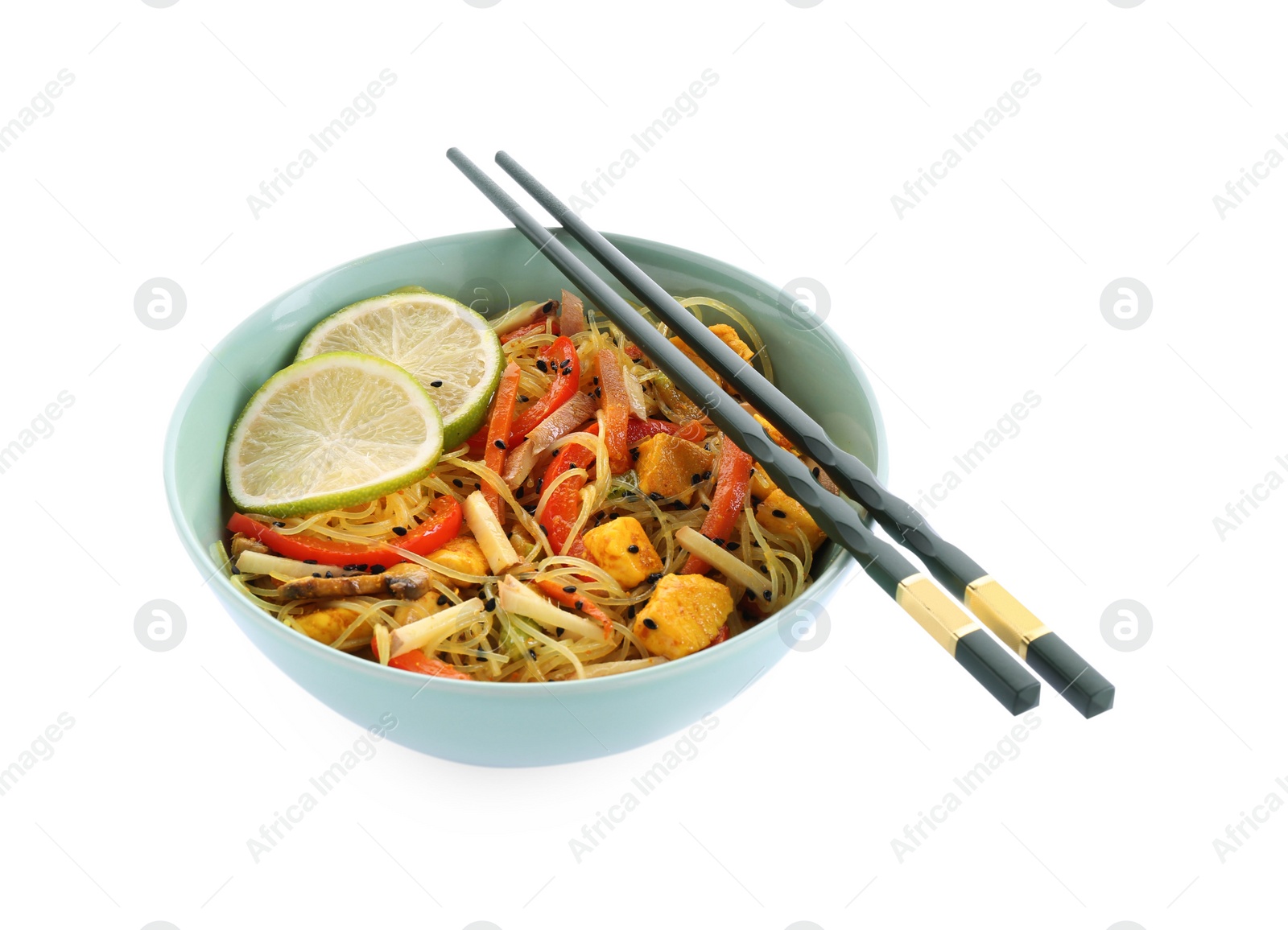 Photo of Stir-fry. Delicious cooked noodles with chicken and vegetables in bowl isolated on white