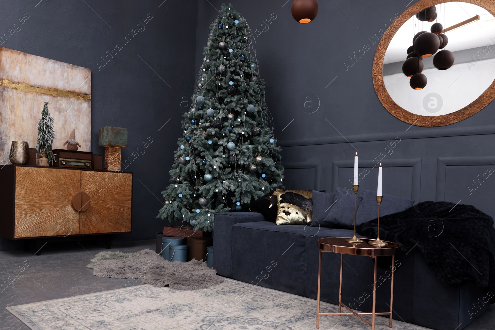 Photo of Living room interior with Christmas tree and festive decor