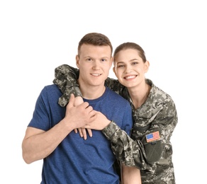 Photo of Female soldier with her husband on white background. Military service