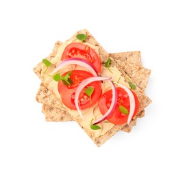 Photo of Fresh crunchy crispbreads with pate, tomatoes, red onion and greens isolated on white, top view