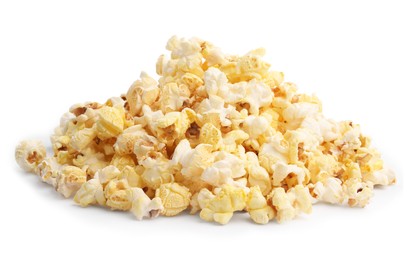 Photo of Pile of tasty fresh popcorn isolated on white
