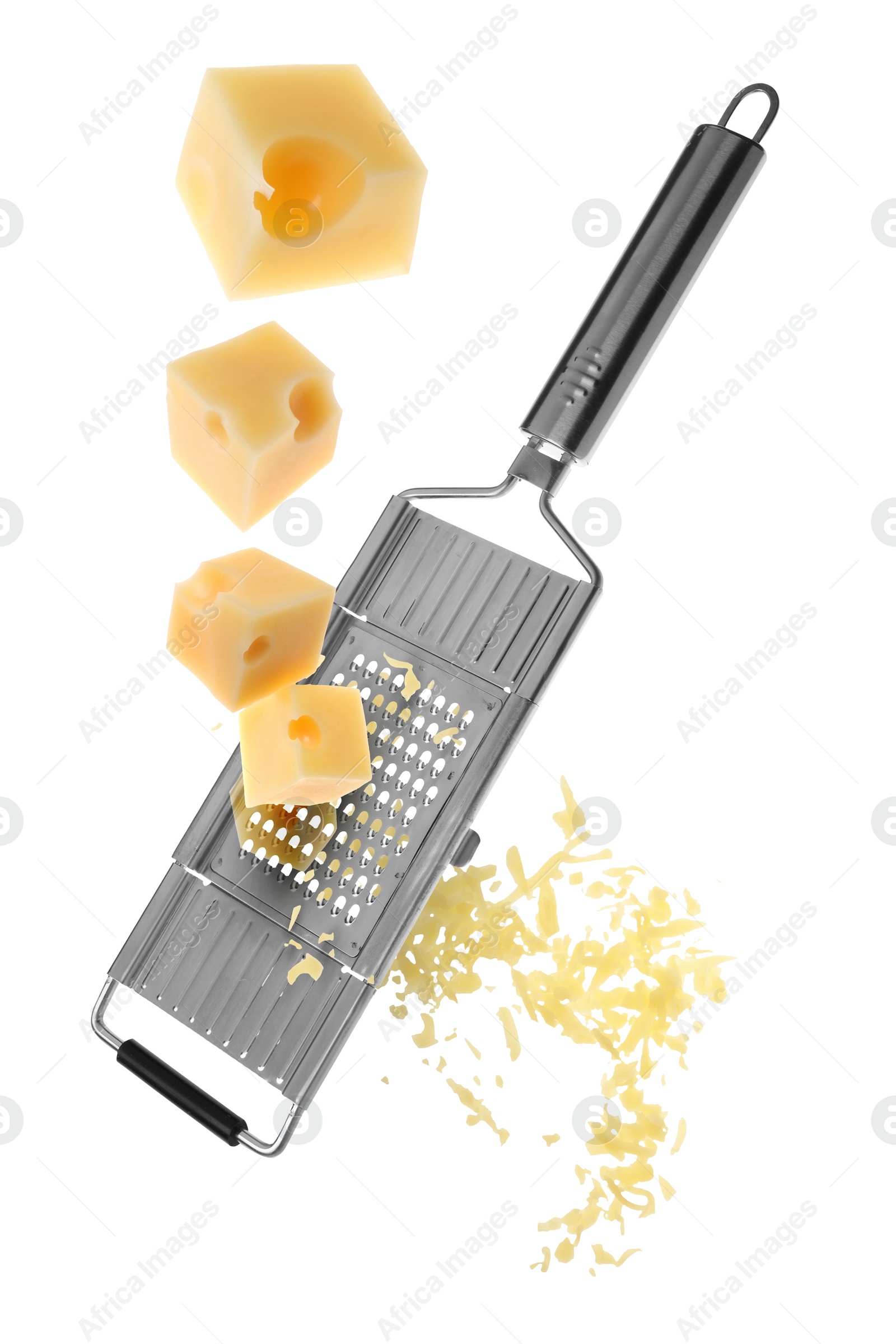 Image of Grating cheese with hand grater in air on white background