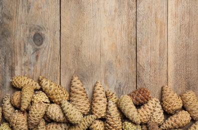 Flat lay composition with pinecones on wooden background, space for text