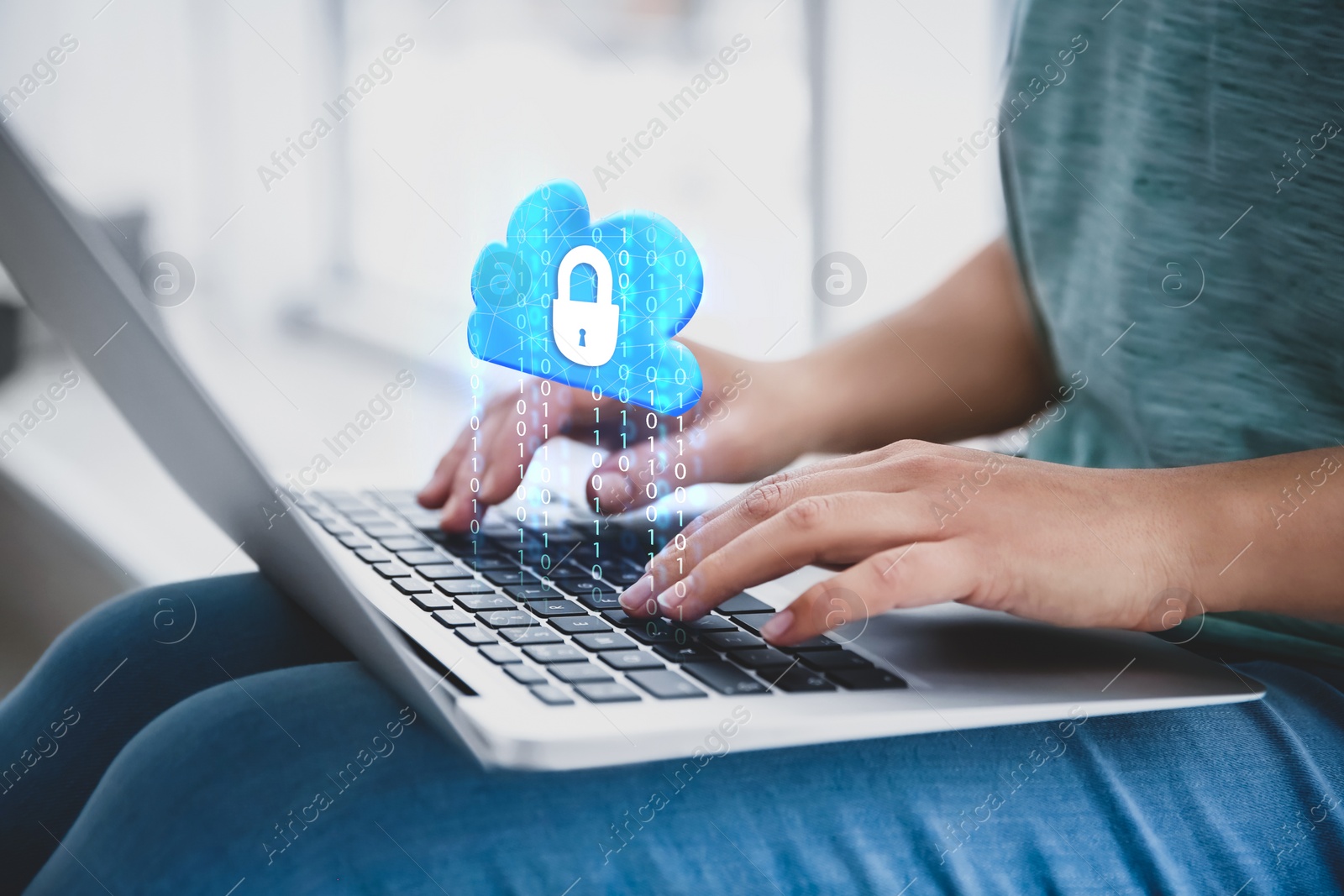 Image of Cyber security concept. Woman using laptop, closeup. Cloud with padlock illustration over keyboard