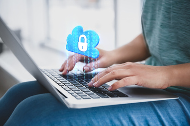 Image of Cyber security concept. Woman using laptop, closeup. Cloud with padlock illustration over keyboard