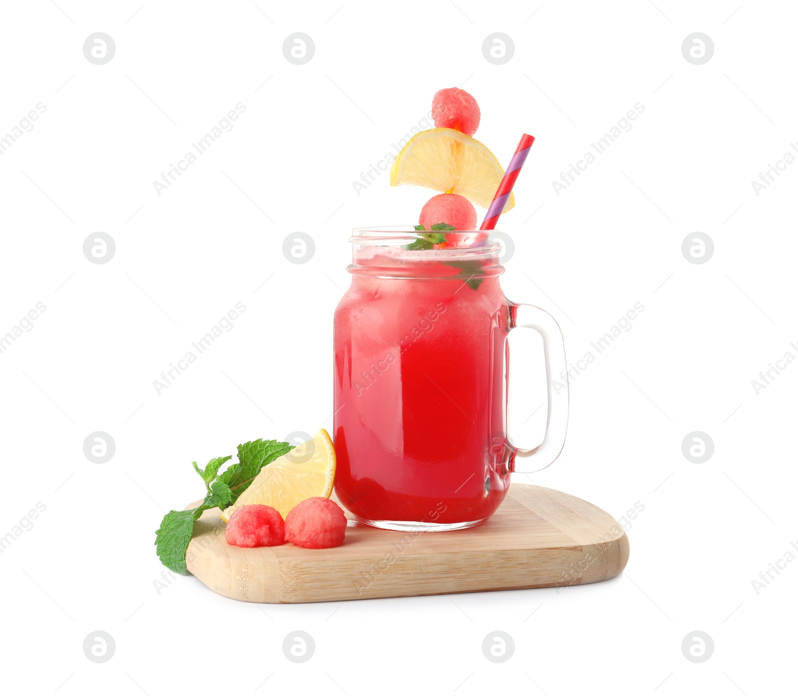 Photo of Delicious fresh watermelon drink with fresh fruits on white background