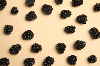 Flat lay composition with ripe blackberries on color background