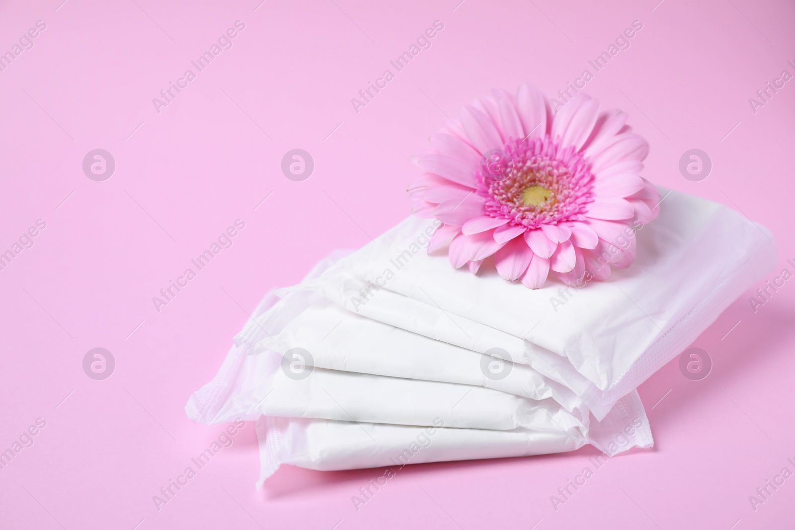 Photo of Packed menstrual pads and flower on color background, space for text. Gynecological care