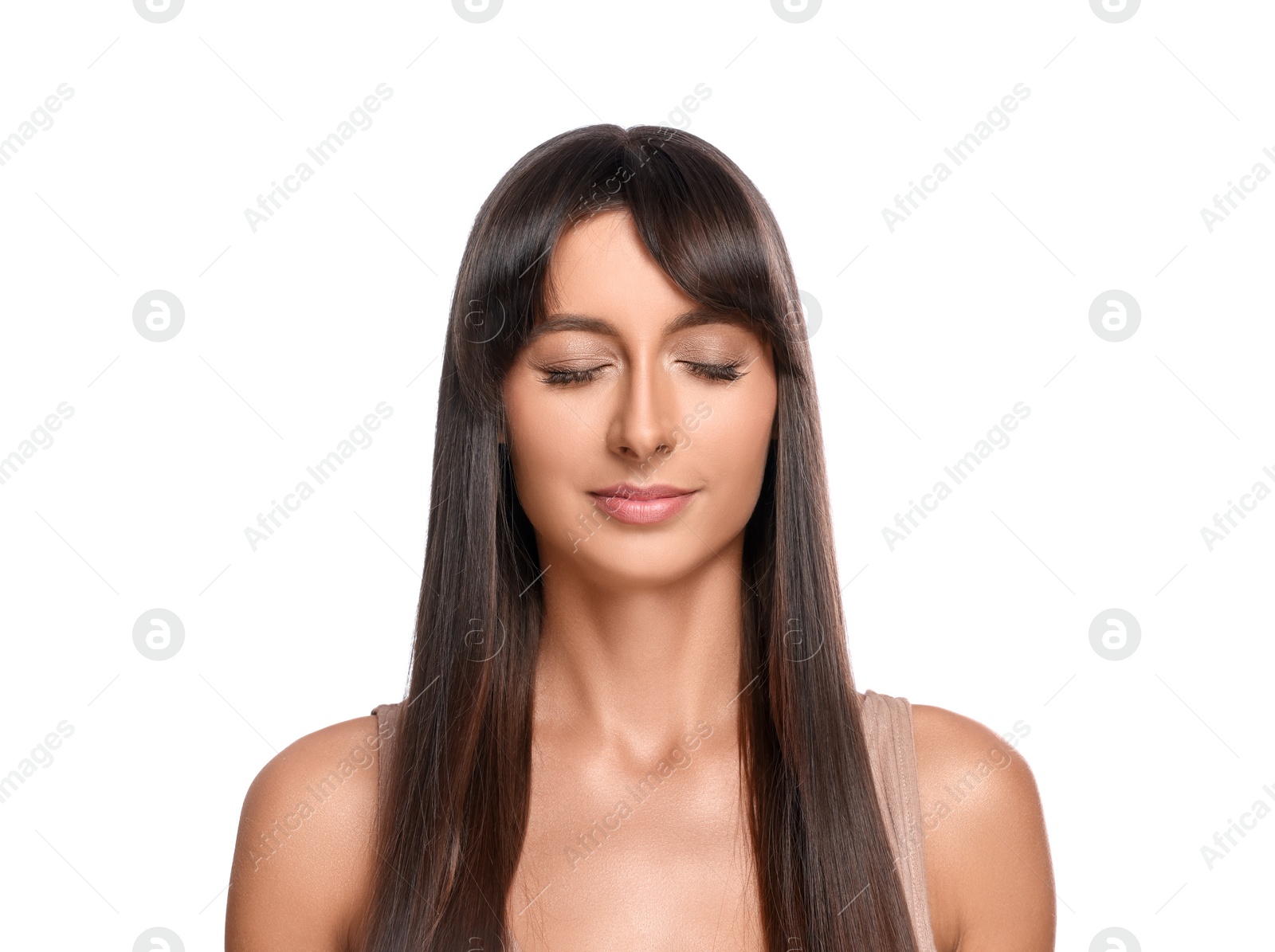 Photo of Hair styling. Beautiful woman with straight long hair on white background