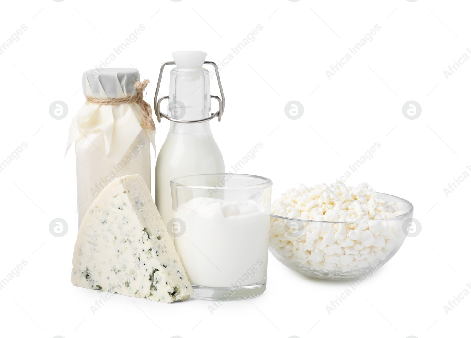 Photo of Different fresh dairy products isolated on white