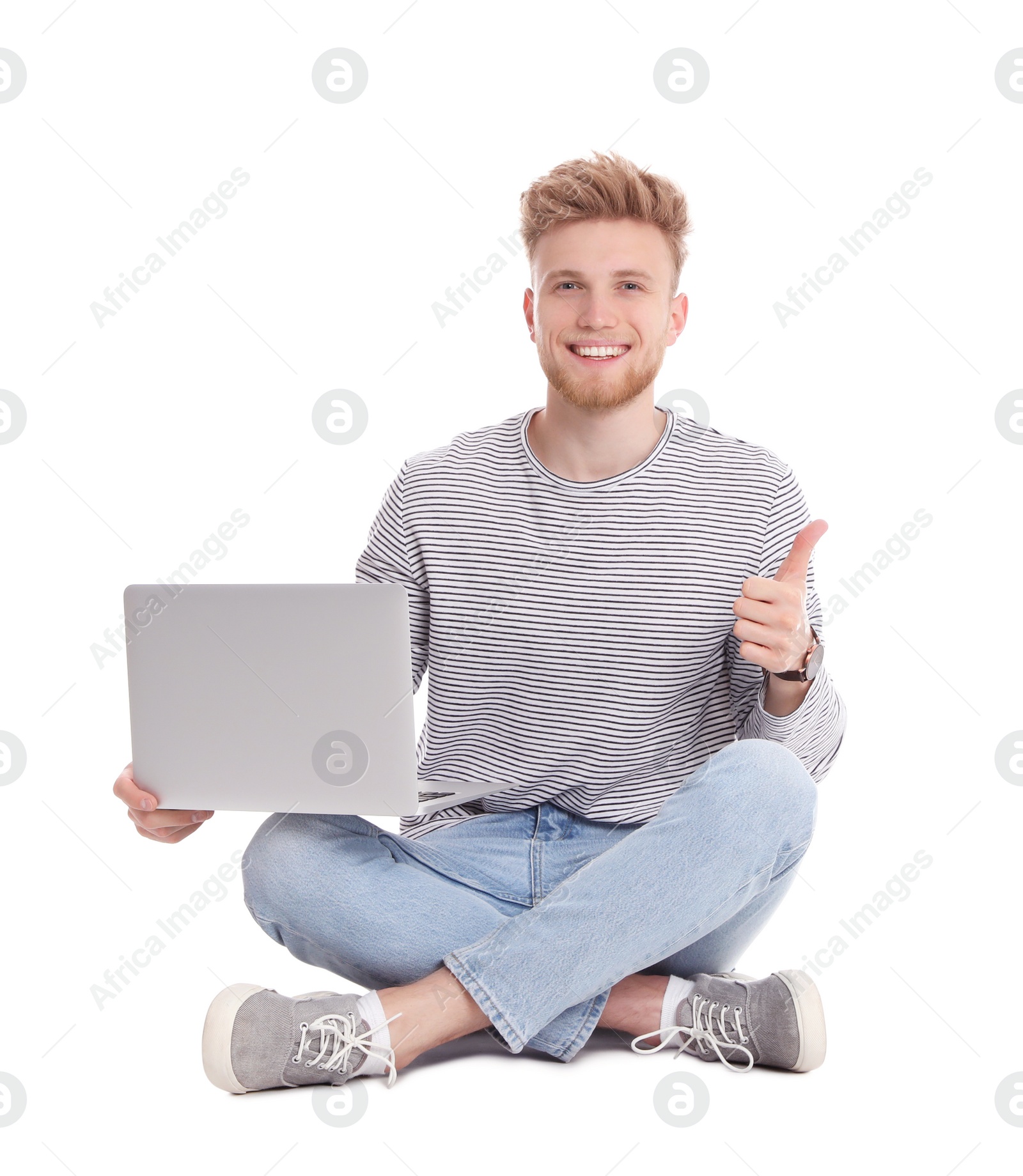 Photo of Happy man with laptop on white background